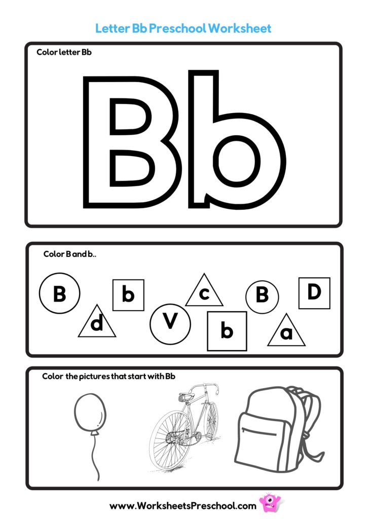 letter B printables to color with balloon, bike, bag