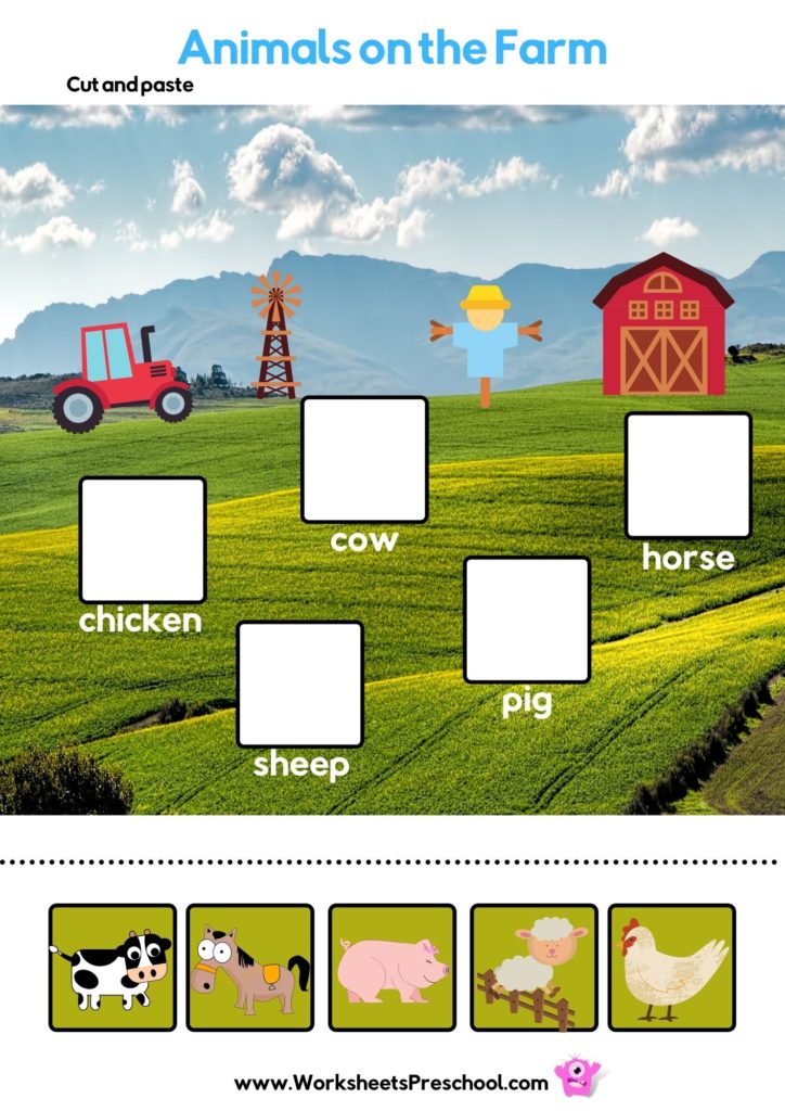 farm preschool activities, cut and paste the farm animals