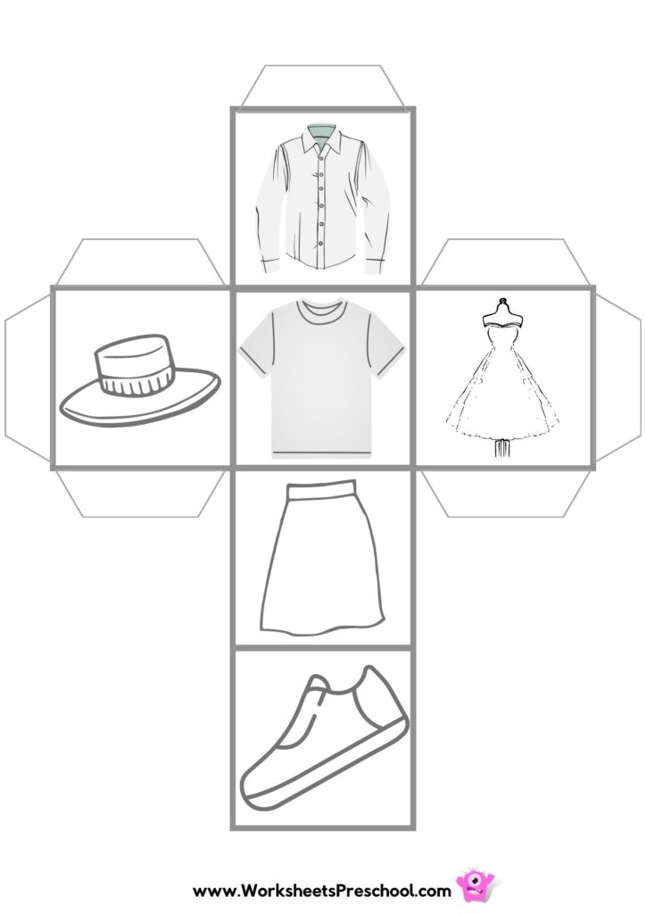 clothes worksheets cube with shirt, hat, T-shirt, dress, skirt, shoes