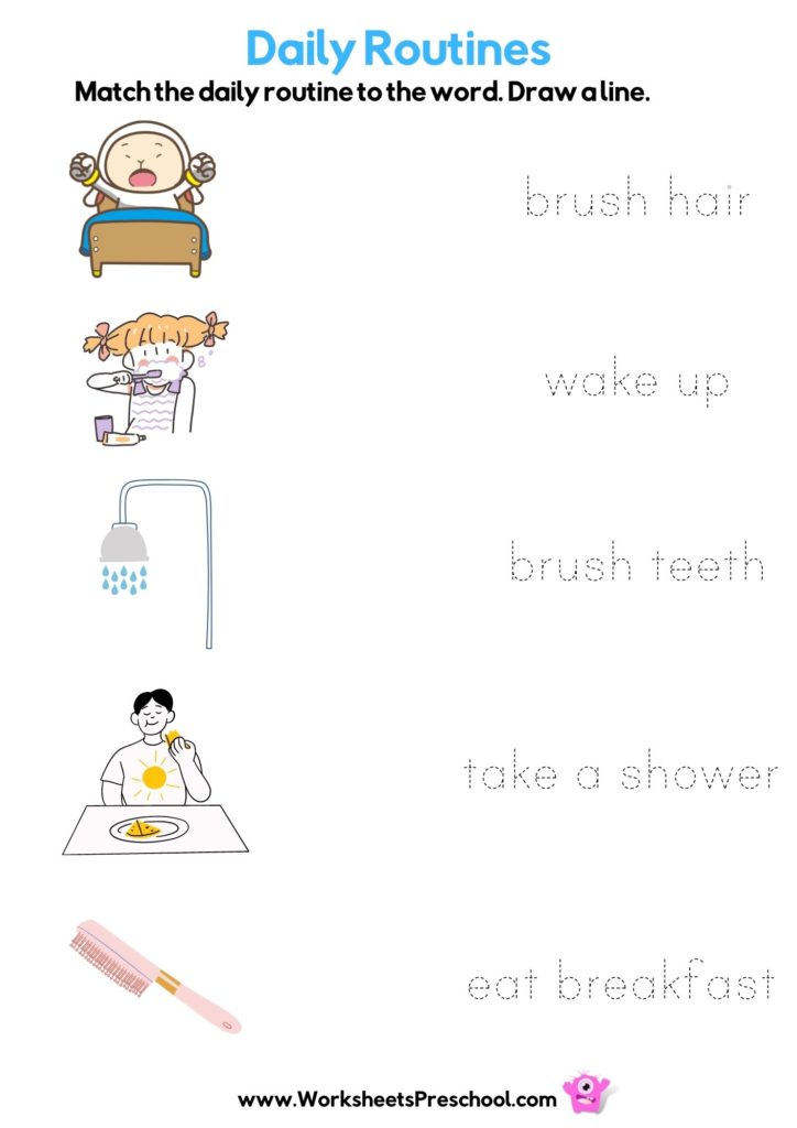 daily routine worksheets, match the routine