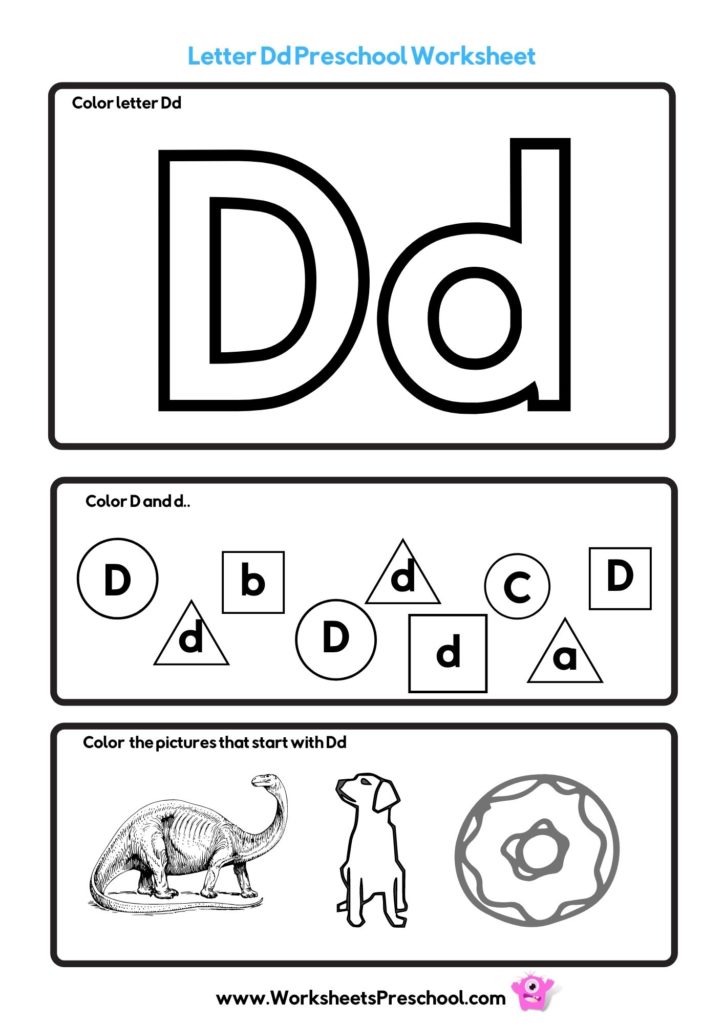 letter D worksheets to color with dog, donut, dinosaur