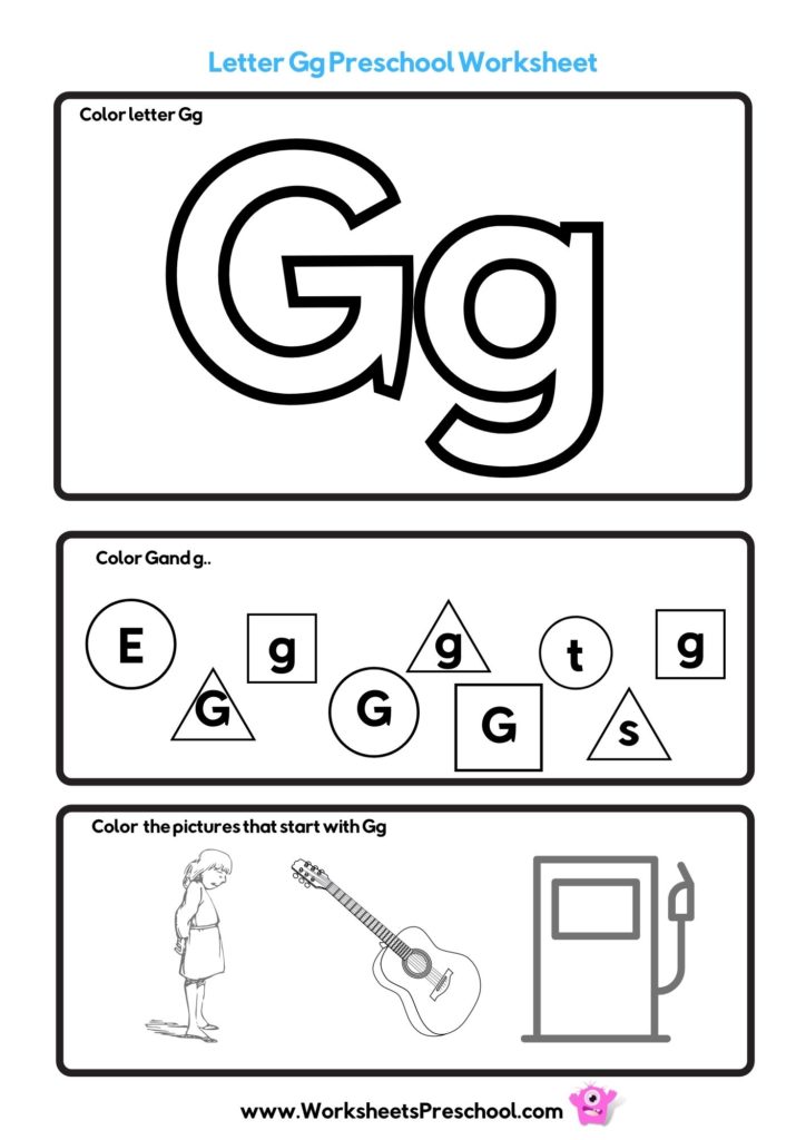 letter G worksheets to color with girl, guitar, gas station