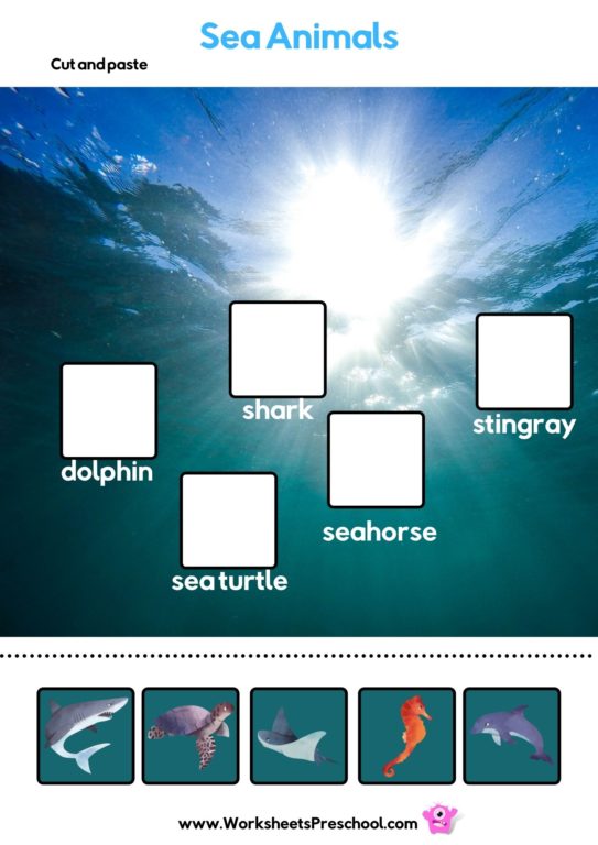 ocean preschool worksheets, cut and paste the sea animals