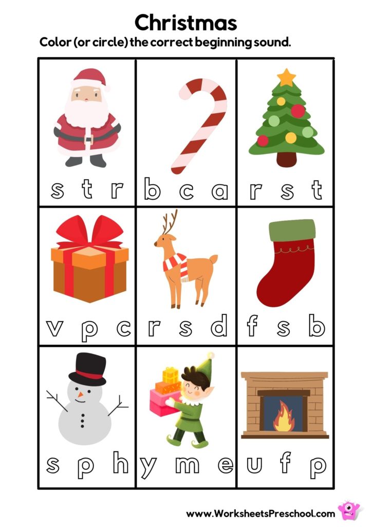 Christmas Worksheets Preschool, circle the beginning letter
