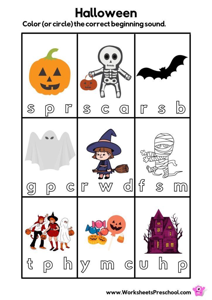 Halloween worksheets preschool, circle the beginning letter
