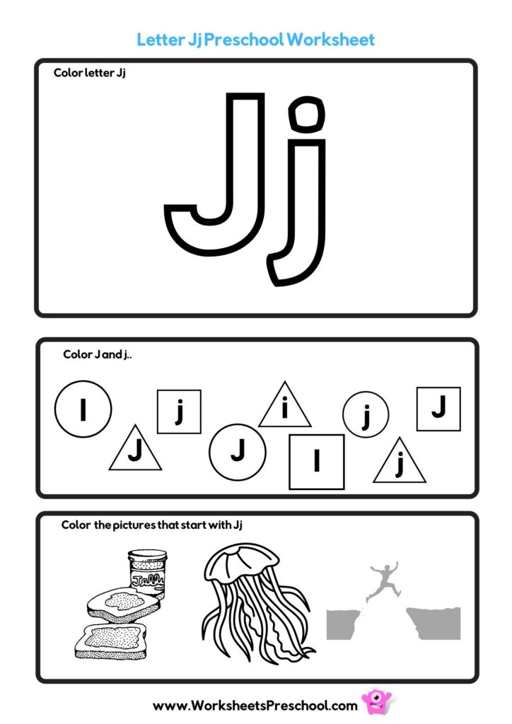 letter j worksheets to color with jam, jellyfish and jump
