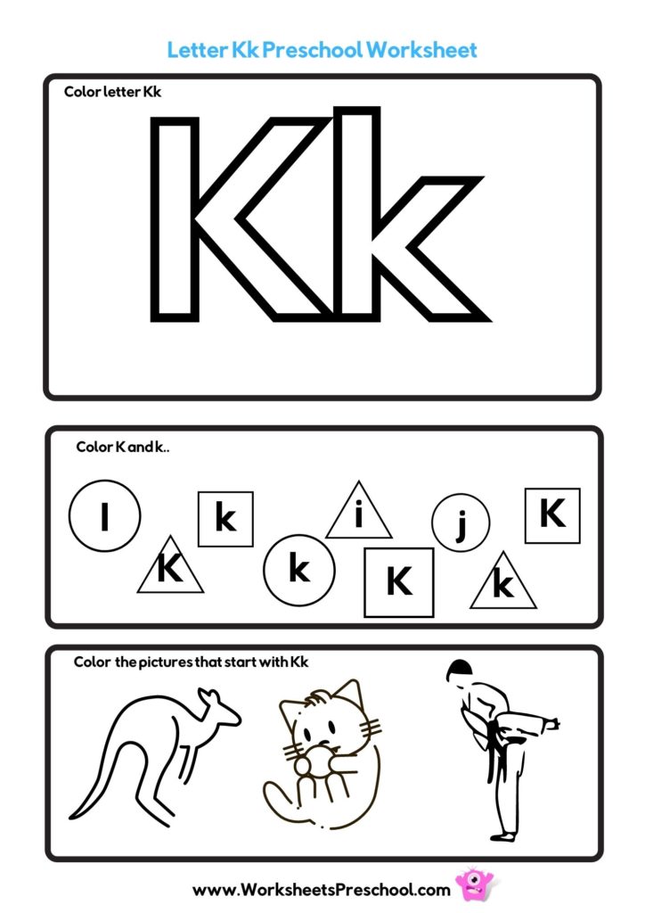 letter k worksheets to color with kangaroo, kitten and kick