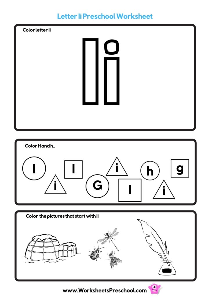 letter i worksheets to color with igloo, insects and ink