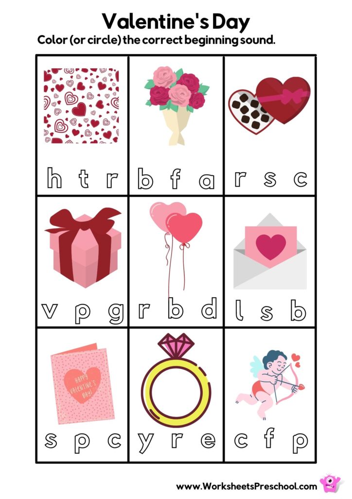 valentines worksheets, circle the correct beginning letter