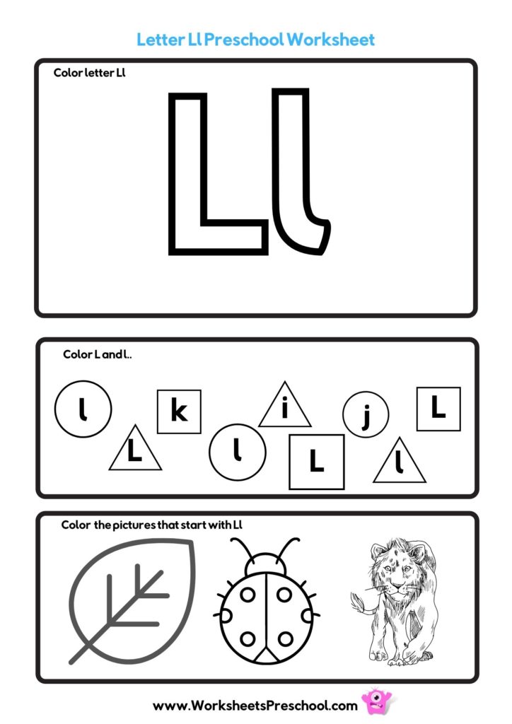 letter l worksheets to color with leaf, ladybug and lion
