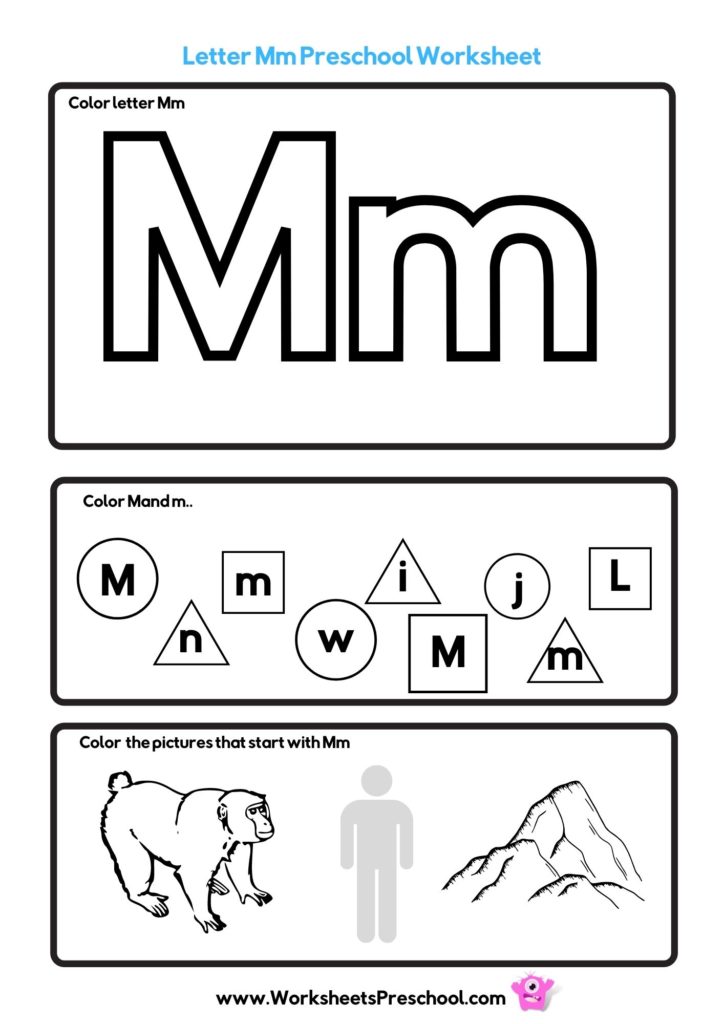 letter m worksheets to color with monkey, man and mountain