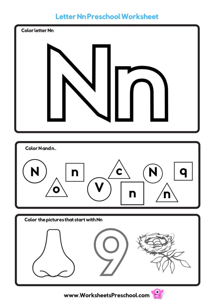 letter n worksheets to color with nose, nine and nest