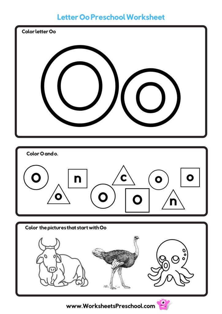 letter o worksheets to color with ox, ostrich and octopus