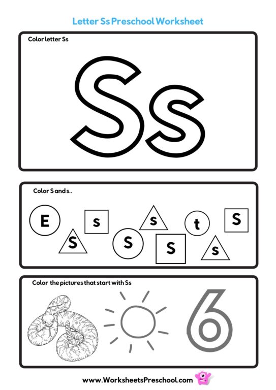 letter s worksheets with snake, sun and six