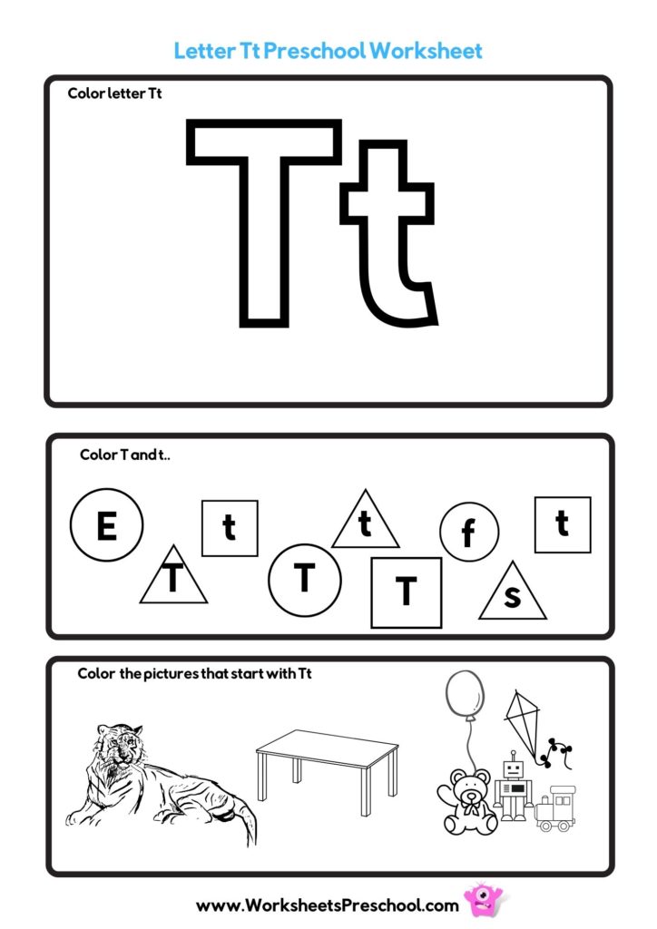 letter t worksheets with tiger, table and toys