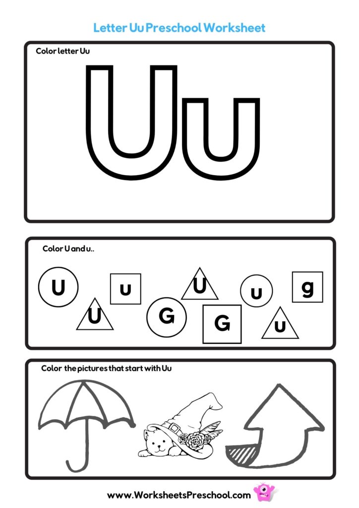 letter u worksheet with umbrella, under, and up