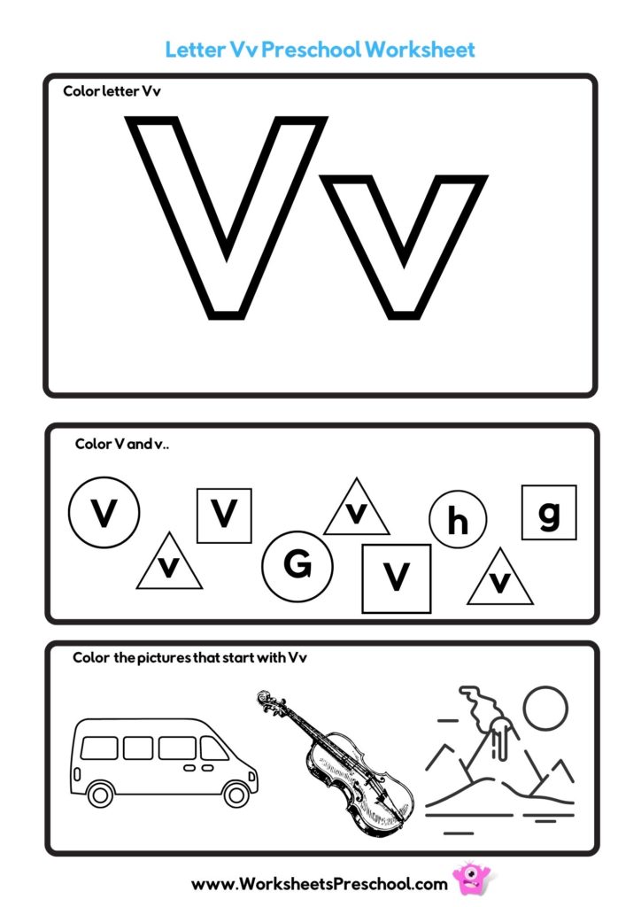 letter v worksheet with van, violin, and volcano