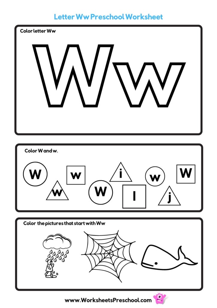 letter w worksheets with web, wet and whale