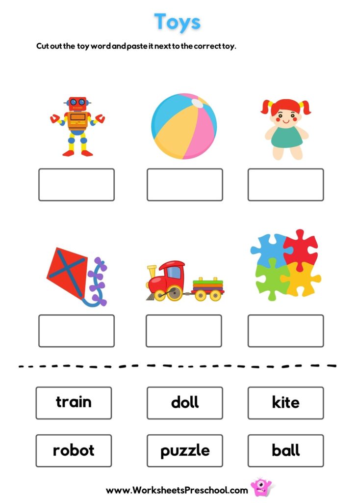 toys cut and paste worksheet with train, doll, kite, robot, puzzle and ball